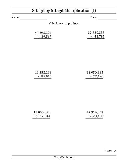 The Multiplying 8-Digit by 5-Digit Numbers with Comma-Separated Thousands (I) Math Worksheet