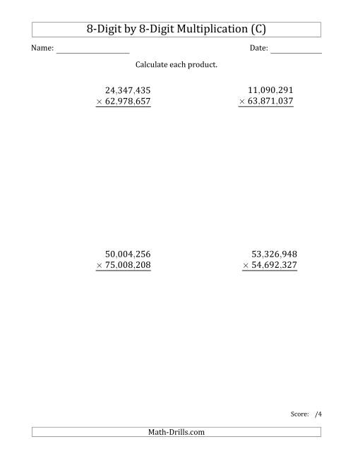 The Multiplying 8-Digit by 8-Digit Numbers with Comma-Separated Thousands (C) Math Worksheet