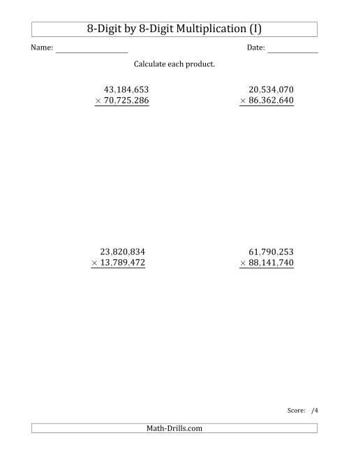 The Multiplying 8-Digit by 8-Digit Numbers with Comma-Separated Thousands (I) Math Worksheet