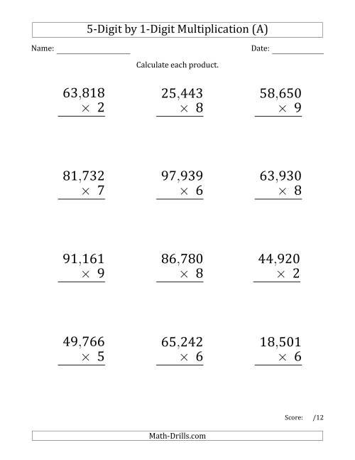 The Multiplying 5-Digit by 1-Digit Numbers (Large Print) with Comma-Separated Thousands (A) Math Worksheet