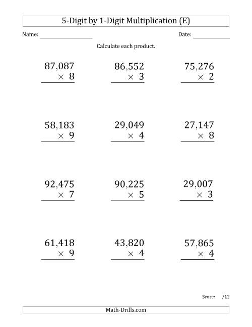 The Multiplying 5-Digit by 1-Digit Numbers (Large Print) with Comma-Separated Thousands (E) Math Worksheet