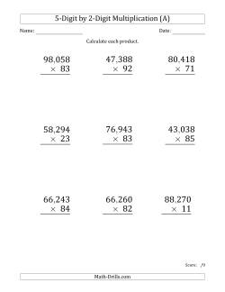 Multiplying 5-Digit by 2-Digit Numbers (Large Print) with Comma-Separated Thousands