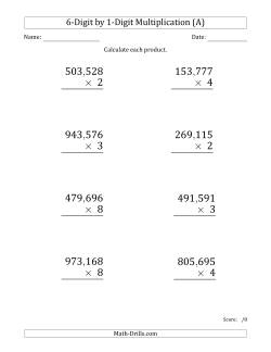 Multiplying 6-Digit by 1-Digit Numbers (Large Print) with Comma-Separated Thousands