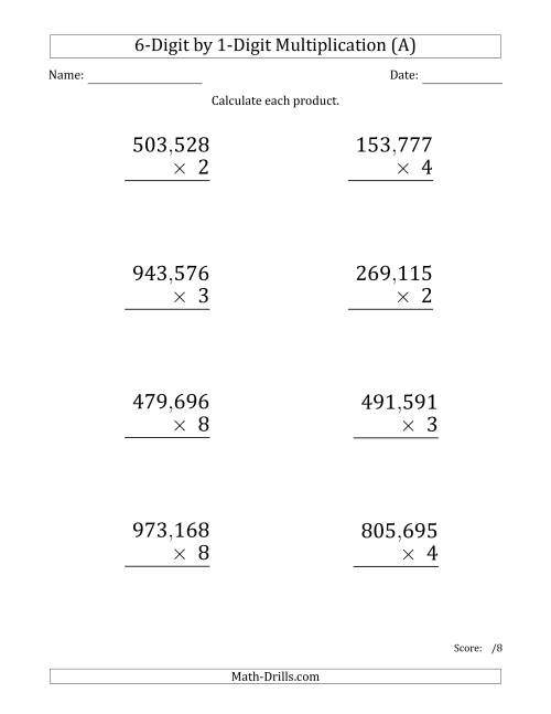 The Multiplying 6-Digit by 1-Digit Numbers (Large Print) with Comma-Separated Thousands (A) Math Worksheet