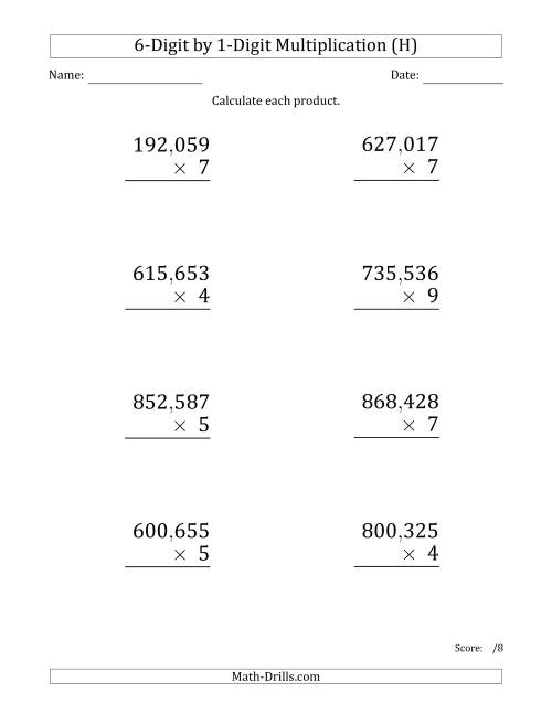 The Multiplying 6-Digit by 1-Digit Numbers (Large Print) with Comma-Separated Thousands (H) Math Worksheet
