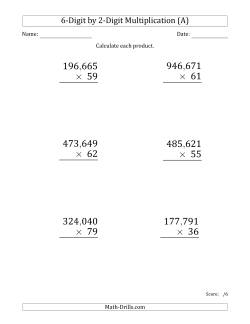 Multiplying 6-Digit by 2-Digit Numbers (Large Print) with Comma-Separated Thousands