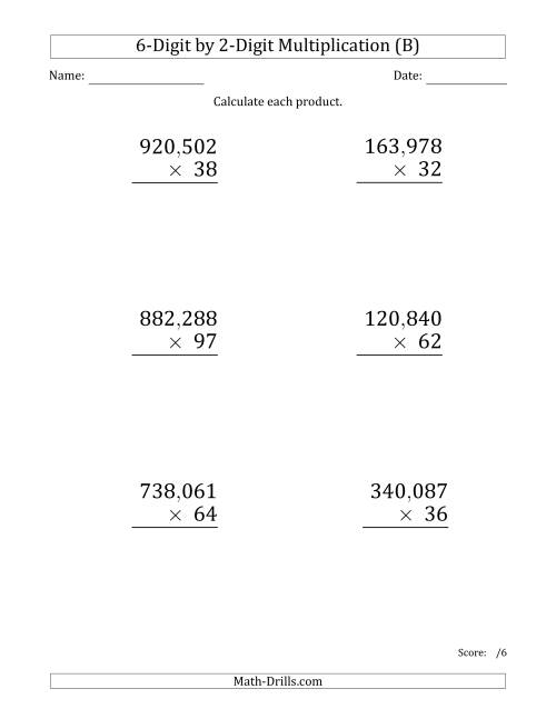 The Multiplying 6-Digit by 2-Digit Numbers (Large Print) with Comma-Separated Thousands (B) Math Worksheet