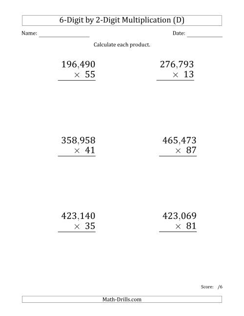The Multiplying 6-Digit by 2-Digit Numbers (Large Print) with Comma-Separated Thousands (D) Math Worksheet