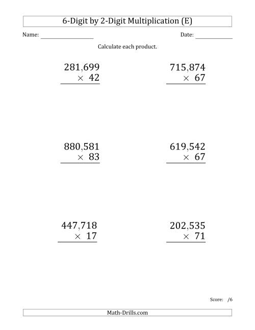 The Multiplying 6-Digit by 2-Digit Numbers (Large Print) with Comma-Separated Thousands (E) Math Worksheet
