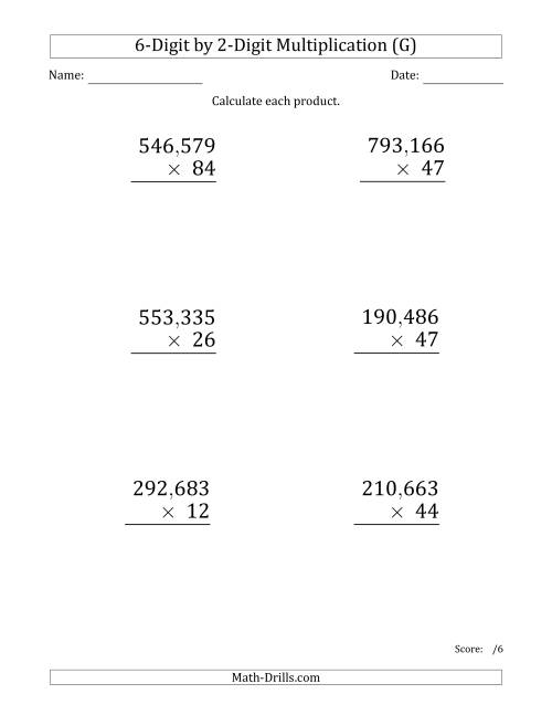 The Multiplying 6-Digit by 2-Digit Numbers (Large Print) with Comma-Separated Thousands (G) Math Worksheet