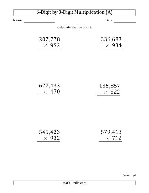 The Multiplying 6-Digit by 3-Digit Numbers (Large Print) with Comma-Separated Thousands (A) Math Worksheet
