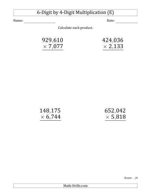 The Multiplying 6-Digit by 4-Digit Numbers (Large Print) with Comma-Separated Thousands (E) Math Worksheet