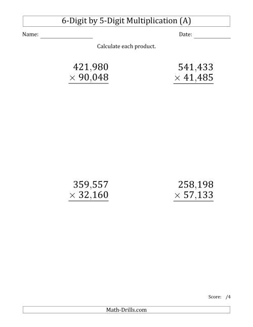 The Multiplying 6-Digit by 5-Digit Numbers (Large Print) with Comma-Separated Thousands (A) Math Worksheet