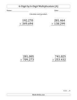 Multiplying 6-Digit by 6-Digit Numbers (Large Print) with Comma-Separated Thousands