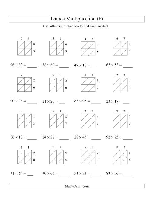 The 2-Digit by 2-Digit Lattice Multiplication (F) Math Worksheet