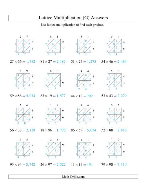 The 2-Digit by 2-Digit Lattice Multiplication (G) Math Worksheet Page 2