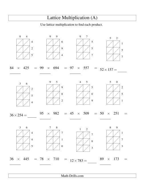 The 2-Digit by 3-Digit Lattice Multiplication (A) Math Worksheet