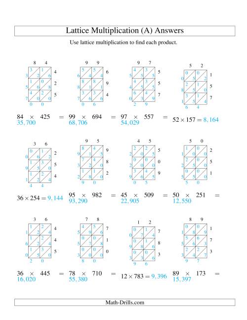 The 2-Digit by 3-Digit Lattice Multiplication (A) Math Worksheet Page 2