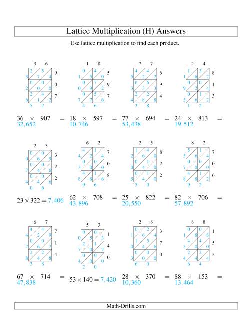 2 digit by 3 digit lattice multiplication h