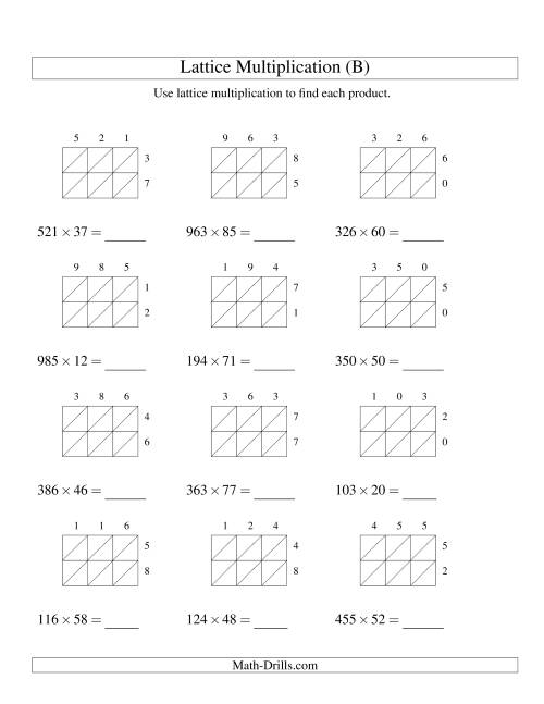 The 3-Digit by 2-Digit Lattice Multiplication (B) Math Worksheet