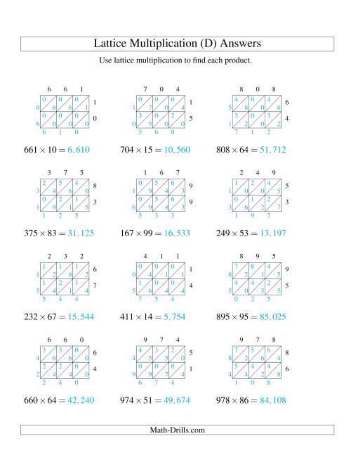The 3-Digit by 2-Digit Lattice Multiplication (D) Math Worksheet Page 2