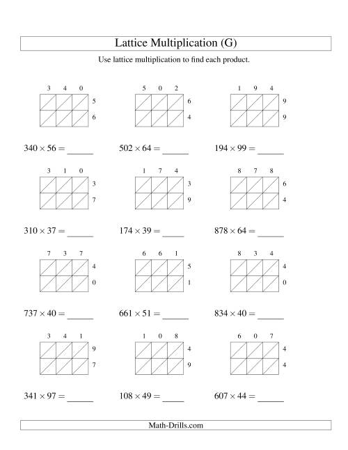 The 3-Digit by 2-Digit Lattice Multiplication (G) Math Worksheet