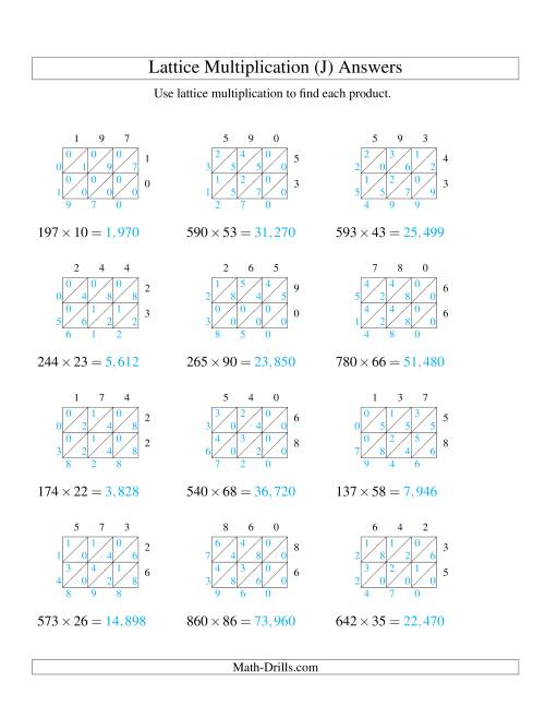The 3-Digit by 2-Digit Lattice Multiplication (J) Math Worksheet Page 2