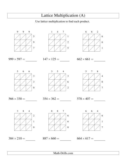 The 3-Digit by 3-Digit Lattice Multiplication (A) Math Worksheet