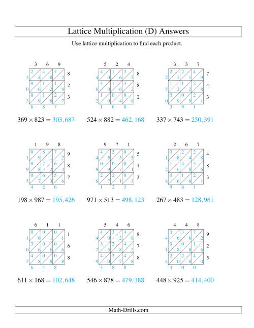 3 digit by 3 digit lattice multiplication d