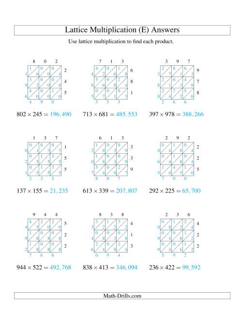 The 3-Digit by 3-Digit Lattice Multiplication (E) Math Worksheet Page 2