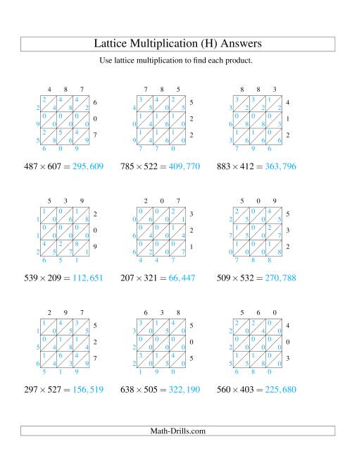The 3-Digit by 3-Digit Lattice Multiplication (H) Math Worksheet Page 2