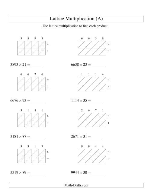 The 4-Digit by 2-Digit Lattice Multiplication (A) Math Worksheet