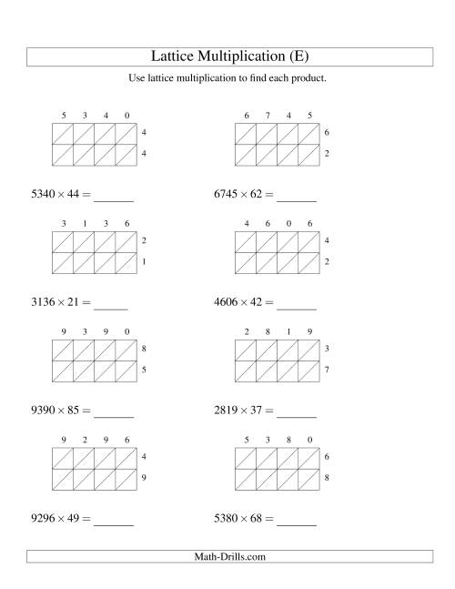 The 4-Digit by 2-Digit Lattice Multiplication (E) Math Worksheet