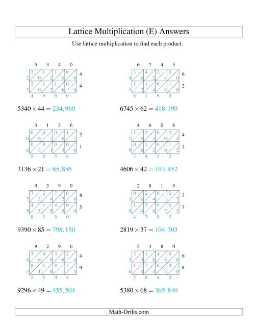 The 4-Digit by 2-Digit Lattice Multiplication (E) Math Worksheet Page 2