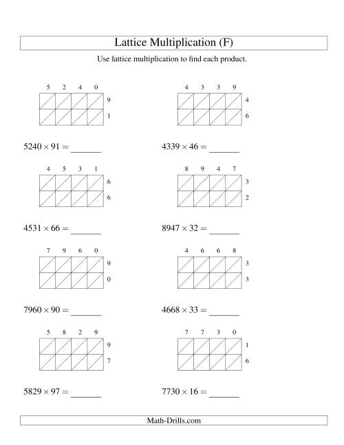The 4-Digit by 2-Digit Lattice Multiplication (F) Math Worksheet