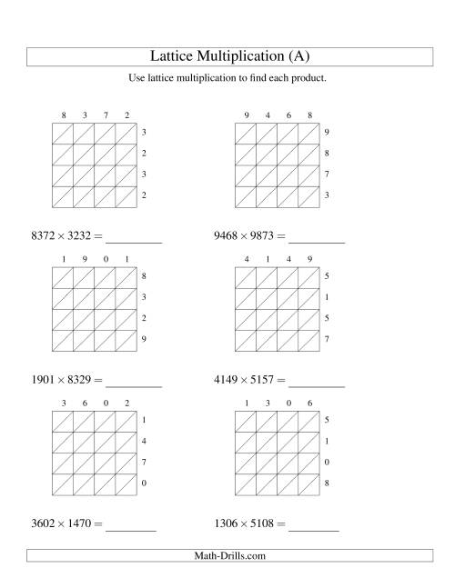 The 4-Digit by 4-Digit Lattice Multiplication (A) Math Worksheet