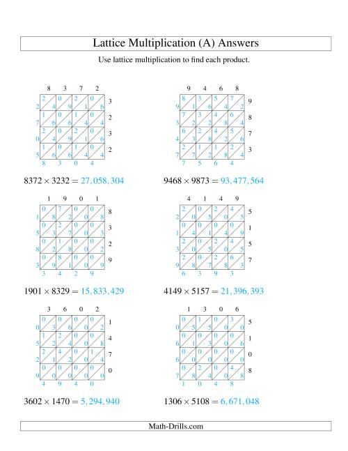The 4-Digit by 4-Digit Lattice Multiplication (A) Math Worksheet Page 2