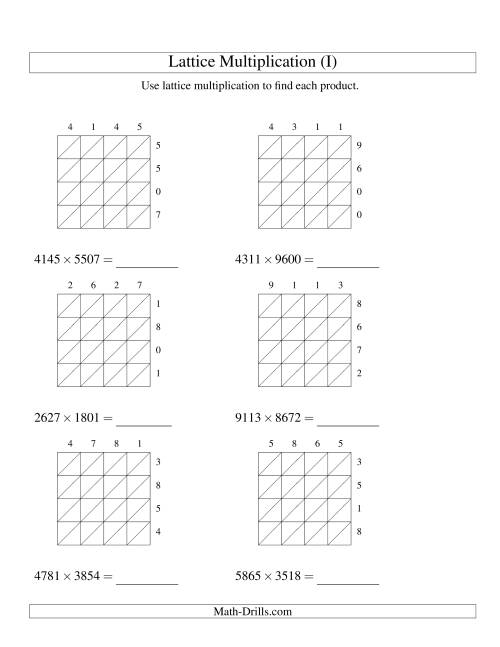 The 4-Digit by 4-Digit Lattice Multiplication (I) Math Worksheet