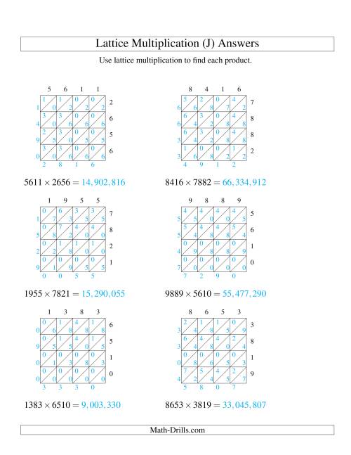 The 4-Digit by 4-Digit Lattice Multiplication (J) Math Worksheet Page 2