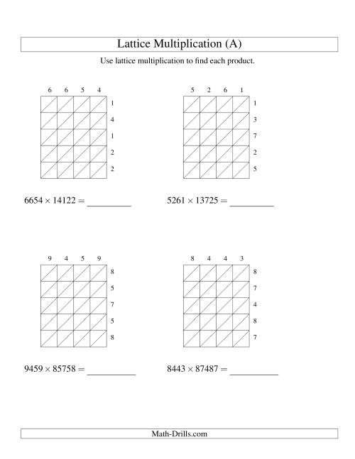 The 4-Digit by 5-Digit Lattice Multiplication (A) Math Worksheet