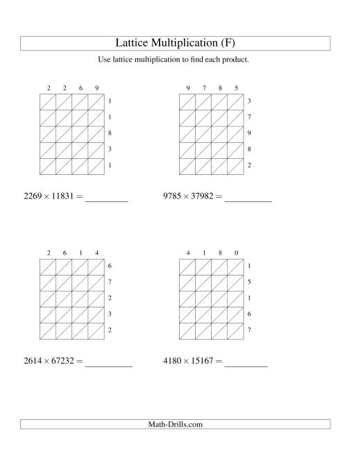 The 4-Digit by 5-Digit Lattice Multiplication (F) Math Worksheet