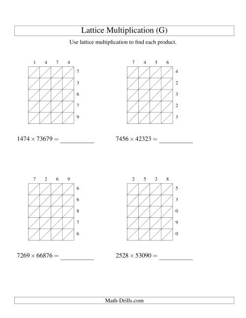 The 4-Digit by 5-Digit Lattice Multiplication (G) Math Worksheet