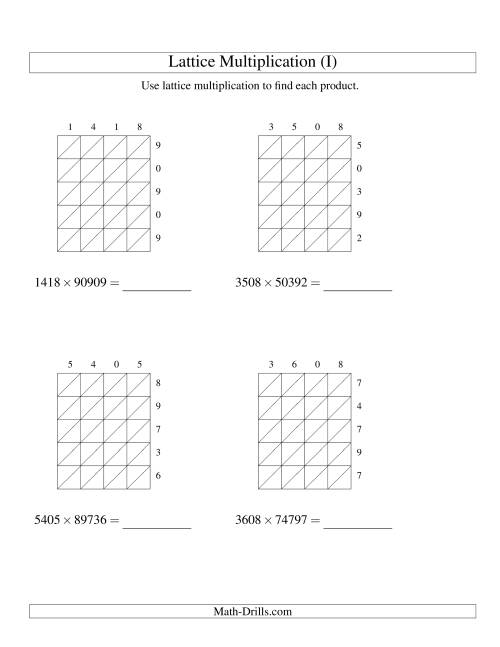 The 4-Digit by 5-Digit Lattice Multiplication (I) Math Worksheet