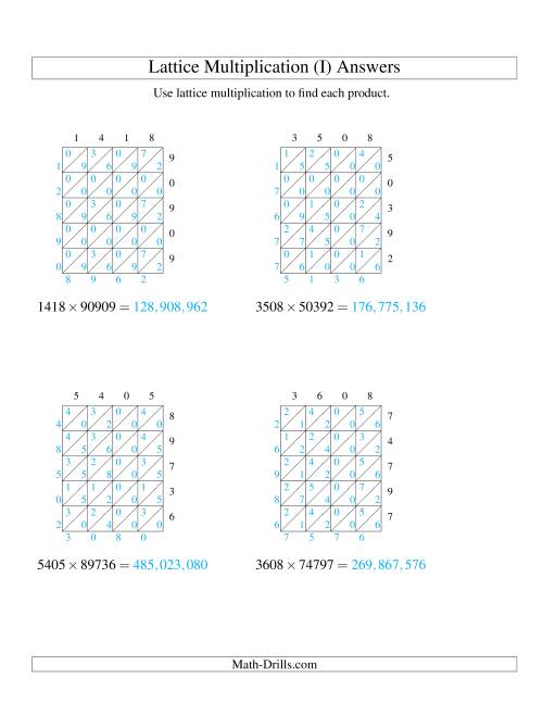 The 4-Digit by 5-Digit Lattice Multiplication (I) Math Worksheet Page 2