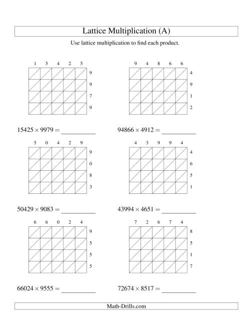The 5-Digit by 4-Digit Lattice Multiplication (A) Math Worksheet