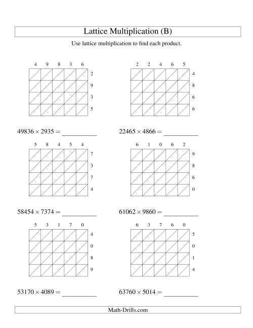 The 5-Digit by 4-Digit Lattice Multiplication (B) Math Worksheet