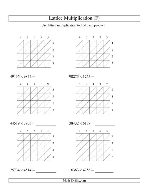 The 5-Digit by 4-Digit Lattice Multiplication (F) Math Worksheet