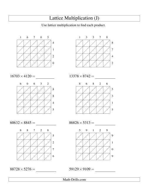 The 5-Digit by 4-Digit Lattice Multiplication (J) Math Worksheet