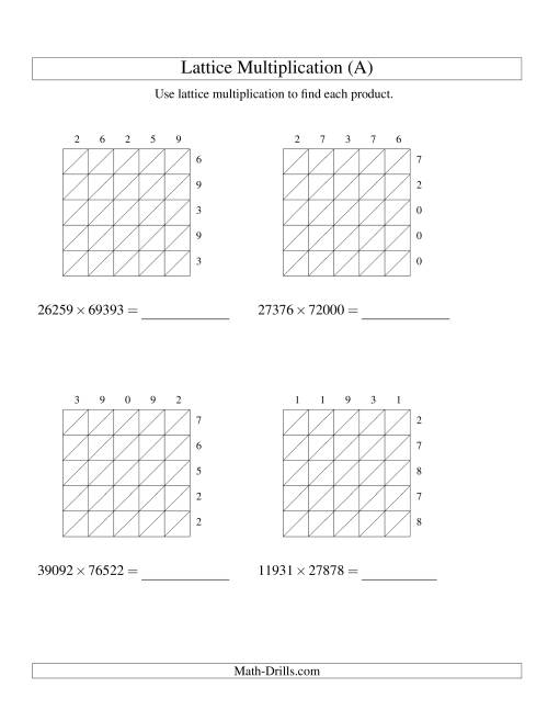 The 5-Digit by 5-Digit Lattice Multiplication (A) Math Worksheet