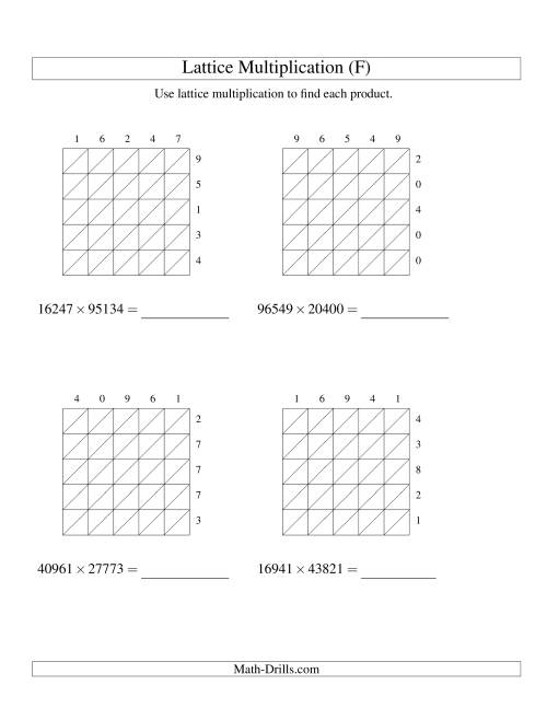 The 5-Digit by 5-Digit Lattice Multiplication (F) Math Worksheet